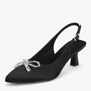 Elegant Black Slingback Heels with Rhinestone Bow 8.5